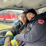 Kara Killmer Instagram - Sometimes the Ambo is just a girls’ club. It’s a great view. @mrmayo @hanakogreensmith @nbconechicago @wolfentertainment #bts #chicagofire