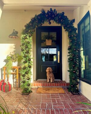 Karen David Instagram - 80 chocolate baubles later, bell garlands and assembling an arch with faux greens, only made possible with the help of my beautiful, bestie, @that_mo_collins Love you! 😘❤️ Cheered on by my sweet, @theadventuresofmylo A few little tweaks left and it’s ready to light up this eve! It’s been so much fun getting the house all ready for the holidays with dearest friends and family flying in. Happy decorating and Happy holidays to you all! ❤️🎄🎅🏽