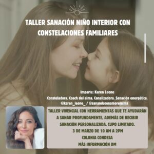 Karen Leone Instagram - Amo con todo el corazón dar este taller, creo que todos los seres humanos deberíamos experimentar esta sanación llena de AMOR y contención. 
Quién no quiere vivir en plenitud, liberados, sonrientes y felices? Al soltar cargas de la infancia te quitas mucho peso de encima y logras sentir más amor y compasión. Quieres experimentarlo? 
Este 3 de Marzo, últimos lugares. Escríbeme DM y te doy información 💜✨🙂
.
.
.
#sanacion #niñointerior #constelacionesfamiliares #taller #workshop #amor