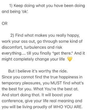 Kate Cast Instagram - Why try to FIT IN when You were meant to STAND OUT

Can you be successful?
Yes , you can eventually.

Can you be happy? 
Temporarily.
But you cannot find the full happiness, the sense of well-being and contentment.

So you have two choices basically ☝🏻;

  1) Keep doing what you have been doing and being ‘ok’. 

OR

  2) Find what makes you really happy, work your ass out, go through some kind of discomfort, turbulences and risk everything…. till you finally “get there.” And it might completely change your life 💛 

  But I believe it’s worthy the ride.
Since you cannot find the true happiness in temporary pleasures, you MUST find what’s the best for you. What You’re the best at. And start doing that. It will boost your confidence , give your life real meaning and you will be living proudly of WHO YOU ARE. 

Kate Cast