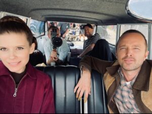 Kate Mara Instagram - #BLACKMIRROR
Now streaming on @netflix 

#bts 
🖤@aaronpaul
🖤director John Crowley 
🖤DP Stuart Bentley