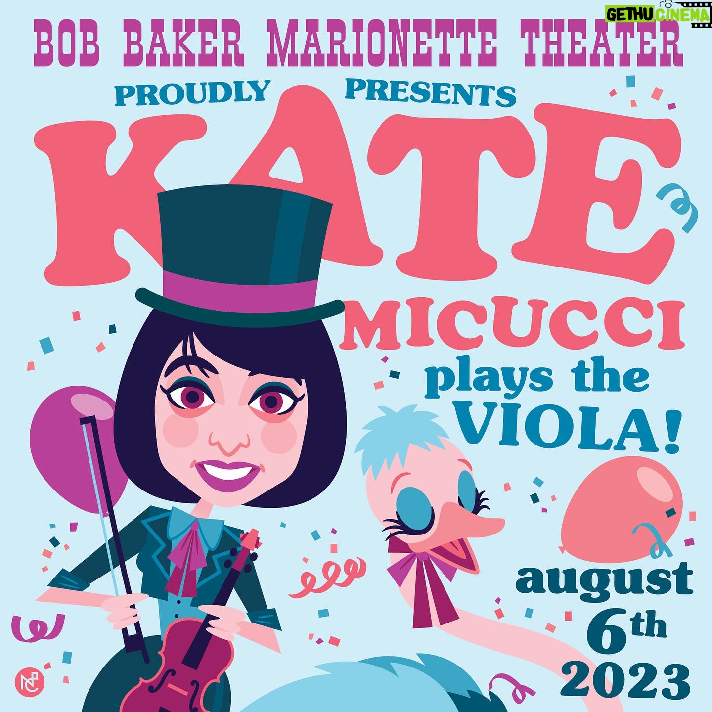 Kate Micucci Instagram - One week from today! 4:30pm show! Come on by @bobbakermarionettes for original songs and so many magical puppets! And my friend @thekiaraana will teach us all about the different sounds a viola can make! We’ll start the show off with a hat parade so have the kids wear their favorite or most silly hat. Hope to see you there! Ticket link in bio 🎡 poster art by @undeadguy