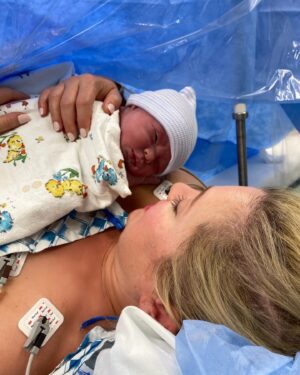 Katherine Bailess Instagram - Welcome to the world Miles Robert Flynn! Born July 3, 2023 at 7:17am. Weighing 8lbs 1oz and 19 inches long. Mom and Dad are beyond the moon in love! Miles is a true miracle. #julybaby #38weeksold #newborn #partyof3