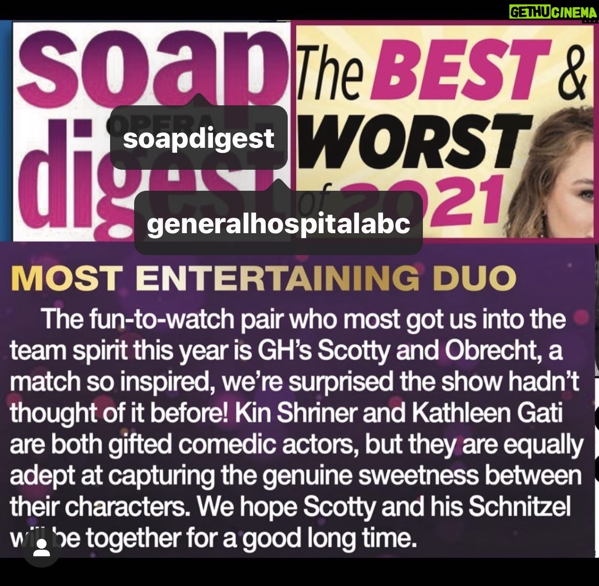 Kathleen Gati - 1.2K Likes - Thank you @soapdigest and @generalhospitalabc #GH fans #soapdigest for this! š¤š„°ā¤ļø