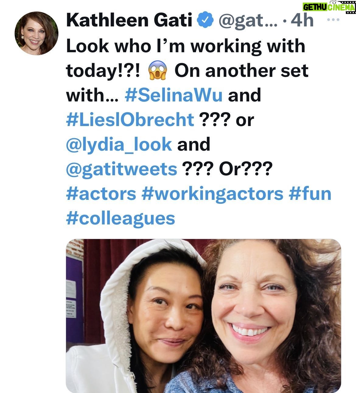 Kathleen Gati - 1.2K Likes - Look who I worked with todayā¦somewhere in Hollywood!! 𤪠@thelydia_look #actor #actorslife #actors #actorlife #workhard #working #gratitude #collleague š