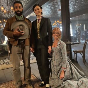 Katie Findlay Instagram - ⁣Hello! Tonight is episode 11 in Independence and I love my friends (except Justin and Lawrence who are nightmares).⠀
⠀
This episode is super westerny, lightly touches on the horror show of colonial expansion and also we throw someone through a window. It’s not me, they said no. My suit is too nice. (one of these pictures is from episode 4, take the internet away from me) 
⠀
⠀
@thecwwalkerindependence 9/8C on the CW. @thecw @cbstvstudios