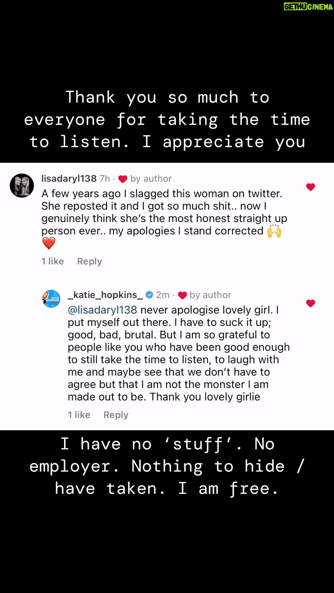 Katie Hopkins Instagram - Thank you so much to all of you; teenagers, oldies, married men, divorcees, sturdy lesbians, hot gays with good teeth and young lads. GO YOU GOOD THINGS. GO SHOW ‘EM. The weaklings trying to ‘fit in’ can go fuck themselves.