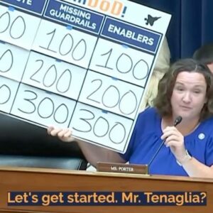Katie Porter Instagram - Each year, lawmakers and defense lobbyists play the same game, pouring hundreds of billions into the Pentagon without scrutinizing every dollar—and it’s taxpayers who lose. Today, I invited witnesses to play JeoparDoD, to win oversight for the American people.