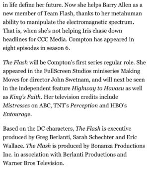 Kayla Compton Instagram - I can not contain my excitement over this news! Thank you to everyone who helped make this real!
⚡️ @cwtheflash ⚡️
“You need to believe in the impossible”
- Barry Allen aka The Flash