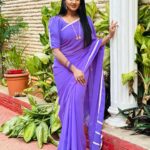Keerthi Bhat Instagram – Colour loves me💙🥰. 

Saree n blouse by : @nihira_designerstudio 

#keerthibhat #love #ursradha #madhuranagarilo