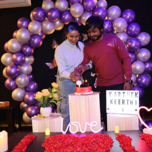 Keerthi Bhat Instagram - I Never thought anyone would ever makes me smile . laugh,and capture my heart  as fast as u have.,💗 Thank you  @its_vijay_karthek  mamma for this( 100 days  anniversary of engagement) beautiful suprise......i know ur not well but still u ...🥲. thank you so much and ofcourse I love u💗 U made my day special.Im so glad to have u💞 Thank you for coming my life🥰

Location:@bingetown_in

#couplegoals #keeka #100daysengaged💍 #happyanniversary❤️ loveumamma💞
