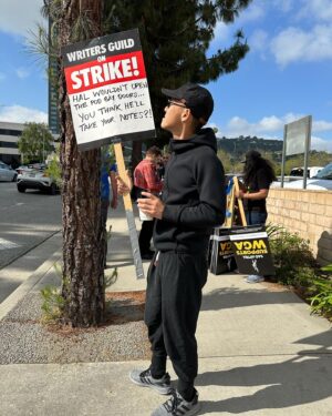 Keiko Agena Instagram - Out at the picket line today at Universal Studio. Wish we could credit the writer that wrote that sign! So many great signs out at the picket line today. @shinkawasaki and I support the writers. 
Fair Wage. Union Strong.
#WGAstrong, #sagaftramember and #1u