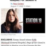 Kelly Thiebaud Instagram – Excited to be back on @station19 stirring up trouble! @abcnetwork @markschumachermgmt @msaagency @alexanderwhiteagency #evavasquez 🔥🙏🏻😎