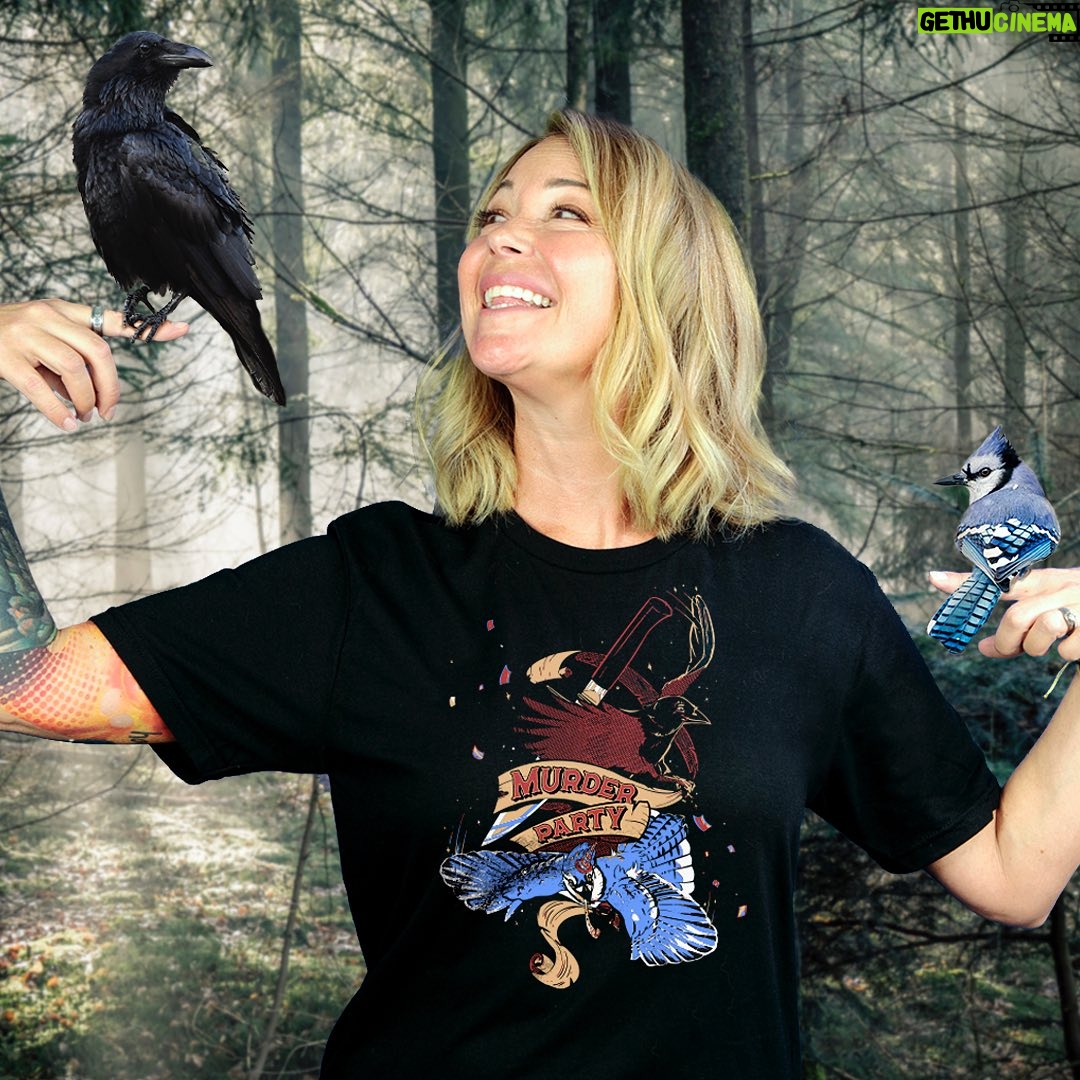 Kim Rhodes - 5.5K Likes - Are you brushed up on your corvid humor? Do you share my response to the SAG-AFTRA strike? Then we all need a Murder Party! Every purchase benefits the SAG-AFTRA foundation relief fund. Link for shirt in bio, but BYO stabby stuff and party hats. @shopstands