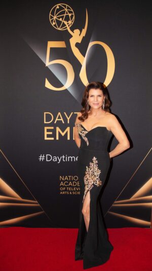 Kimberlin Brown Instagram - Walking the #redcarpet at the 50th @daytimeemmys representing @boldandbeautifulcbs this week. So #thankful for everyone that brought this look together for me ❤️ #makeup by: @dannidoeslife #hairstyle by: @itsalexisreyes 

Dress designer: @houseofsavin  for @kinsleyjamescouturebridal 

Stylist: @gabrielle.lajudice 

Earrings: @Untamedpetals 
Cuff & Ring: @charlielapson  #actresslife #actress #daytimedramaqueen #daytimeemmys #awards #awardshow @westinbonaventure #fashion #fashionstyle #fashionlover #eveninggowns #eveningwear #eveningdress #jewelry #skincare  by: @indira.skin @imagespa.md #skincareroutine
