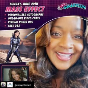 Kimberly Brooks Instagram - There’s only one hour until the @galaxyconlive #MassEffect Virtual Event, and there’s still time to schedule a 1-on-1 chat or get autographs! Visit galaxycon.com for more information! @raphaelsbarge @mr.markmeer