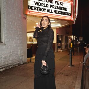 Kiran Deol Instagram - Destroy All Neighbors premiere! This my impression of Wednesday Adam's long lost aunt. On @shudder now! 🖤🧟🤣

👗 @markpaul_ 
💄 @andreasamuels__ 
🙏🏽 @passthetanja   @mrdanielnguyen