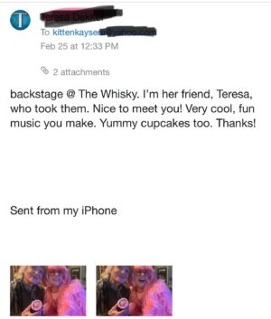 Kitten Kay Sera Instagram - When someone goes out of their way to make you feel special.. you don’t forget it! 💗these photos were taken backstage by someone in Martha’s camp & you never think you will see them however she just emailed them to me ! 
What an honor to be backstage with the legend that is Martha Davis from band The Motels 💗🎤 as a singer I so appreciate the female vocalists that paved the way for me .. 💗 
•
Special thank you to @bigsugarbakeshop for the yummy cupcakes! 🧁 They have our single cover photo on them!