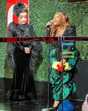 Kornbread Jeté Instagram - I was on Stage with RuPaul last night. Look at how happy he is to see me. 

Thank you @queerty for an amazing night! And thank you to @worldofwonder and @rupaulsdragrace for this platform to be SEEN and HEARD 

💇‍♀️ @fetchasswigs / @junejambalaya 
👗 @thickfashion 
👠: @karllagerfeld 
🤳 @ianhelms