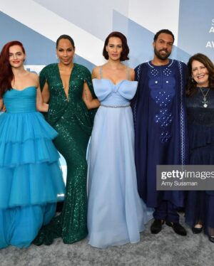 Kristen Gutoskie Instagram - Oh what a night. Filled with gratitude. Thank you so much @sagawards for having me. I had the most magical evening 💙
And to my @handmaidsonhulu loves- you light my heart on fire I love you all so much 💃🏻 And an extra special thank you to the amazing @mrmontyjackson for styling me and my incredible glam team @tobyfleischman @craiggangi 💙💙💙 Got to feel like a princess for a night 🥰

Dress @jennypackham 
Jewels @heartsonfireco
@memoirejewelry