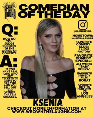 Ksenia Valenti Instagram - Share some laughs and get to know @weownthelaughs Comedian of the Day @iamksenia right now at www.weownthelaughs.com (link in bio) 
————————-
🎤Follow @weownthelaughs for all things Comedy Entertainment
➖➖➖➖➖➖➖➖➖➖➖➖➖➖
#wotl #weownthelaughs #comedianoftheday #jokes #comedy #2023 #standupcomedy #jokeoff #bestofthebest #laughatlife #laughs #funny #hilarious #comedians #punchline #comics #standup #improv #weownthelaughsdotcom #comic #comics #comedylovers #ksenia