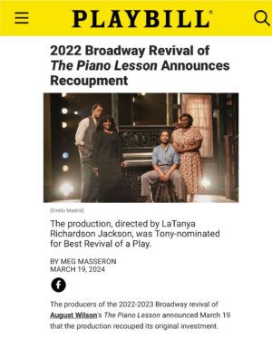 LaTanya Richardson Jackson Instagram - Wonderful news to share on the success of our 2022-23 Broadway revival of August Wilson’s The Piano Lesson! 👏🏾👏🏾👏🏾 I am so proud of the entire team behind our production, and it was an honor for me to direct for the stage! ❤️🎹🥰 Swipe to read the news via @playbill and link to full article in my Story. 

Photo by @emiliomadrid.