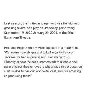 LaTanya Richardson Jackson Instagram - Wonderful news to share on the success of our 2022-23 Broadway revival of August Wilson’s The Piano Lesson! 👏🏾👏🏾👏🏾 I am so proud of the entire team behind our production, and it was an honor for me to direct for the stage! ❤️🎹🥰 Swipe to read the news via @playbill and link to full article in my Story. 

Photo by @emiliomadrid.