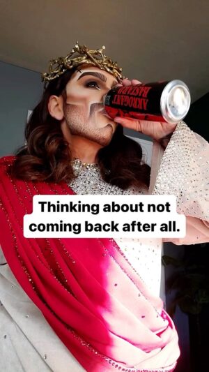 Landon Cider Instagram - Clock the beer. 😂🤷‍♂️ (had to repost cause I fct up the caption the first time)
.
.
.
#dragking #dragqueen #jesuschrist #queer #makeup #cosplay