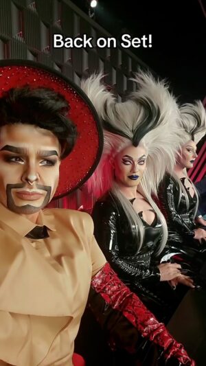 Landon Cider Instagram - Always a bloody good time being on set with my Lesbian Moms. But why is @matthewlillard leaning out of the frame like that? 😂Stream @bouletbrothersdragula on @shudder now! 
.
.
#dragking #dragula #dragqueen #bouletbrothers #bouletbrothersdragula #makeup #shirteveryonehates #mua #wig