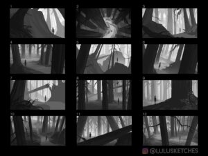 Laura Price Instagram - Thumbnails for another #Twilight visual development piece! This scene is from #newmoon after Edward leaves Bella- she feels numb and wanders through the forest in Edward’s direction, knowing it‘s useless: “If I stopped looking for him, it was over.”

I took @okeefe_artist‘s course on @learnsquared and I’m following his format for sequence illustration! Next I’ll rough in colors on a few of these, before choosing one for the final piece. 
#visdev #visualdevelopment