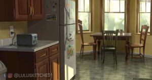 Laura Price Instagram - set design for my personal vis dev project! I wanted to prove to myself that I could design for ANY story, so I chose: #Twilight. I re-read the books for the first time since middle school, took a TON of notes, and watched the movies. Here is Charlie’s kitchen! Designed the house mostly based on the books, but I loved the idea of a breakfast nook in the movie set so added one to mine. also can confirm the Twilight soundtracks still slap