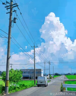 Laura Price Instagram - painted on my plane ride back to LA ☁️ referenced a beautiful photo by @okina12 #procreate
hope you guys all had a relaxing holiday! thanks for sticking around and looking at my art! ☺️