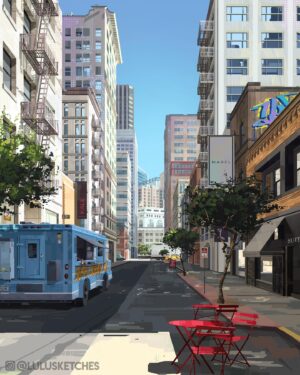 Laura Price Instagram - city practice: San Fran-ish. I’ve been wanting to paint some cities since getting the art of spiderverse- what an incredible collection of artwork. I love how geometric the pieces are, so I mostly used a default square brush for this. I wanted to try a Brooklyn piece but figured I’d ease in with an San Francisco-inspired street. I learned a lot during this one and I’m SO ready to start my next one and not make the same mistakes 😂 I went overboard with details in this one- will try to chill out next time. Onto Brooklyn!