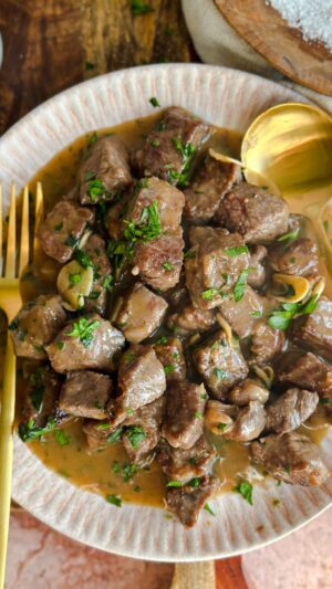 Laura Vitale Instagram - I cannot even explain to you just hot good these beef tips are and come together in literally under 20 minutes. Such a fav, you MUST serve them alongside mashed potatoes or buttered noodles to absorb all that luscious gravy and you’ll get a standing ovation I swear!  Make them!!!
