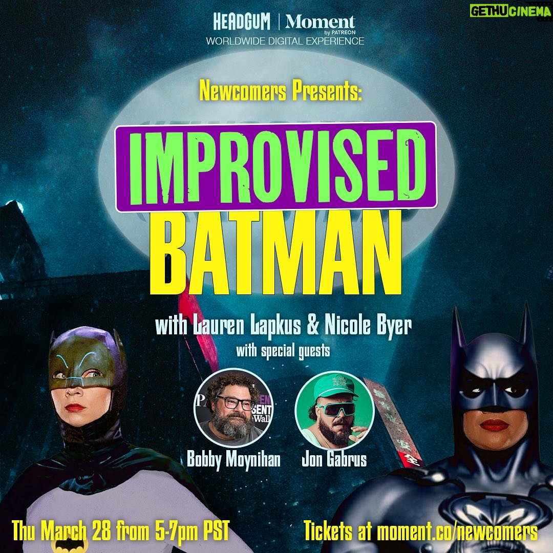 Lauren Lapkus Instagram - NEWCOMERS LIVESTREAM ON THURSDAY! But you can watch whenever works for you!!! IMPROVISED BATMAN with 🦇NICOLE BYER🦇LAUREN LAPKUS🦇BOBBY MOYNIHAN🦇JON GABRUS🦇! Get tickets and limited edition tees at moment.co/newcomers! See ya in the chat! 🩷🦇🩷