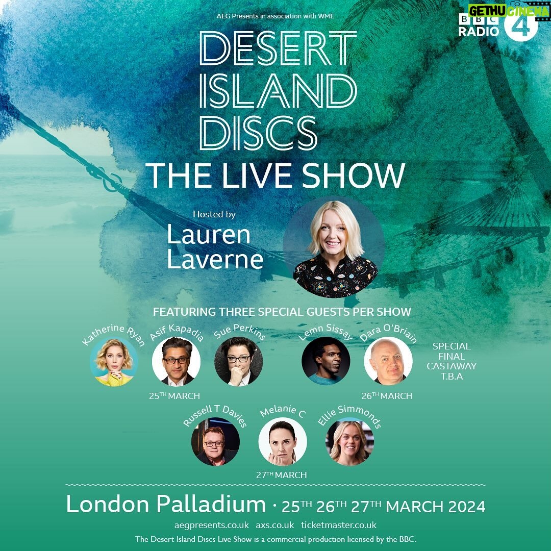 Lauren Laverne Instagram - Next week at the London Palladium it’s #DesertIslandDiscs Live! Three incredible castaways each night will be live on stage to share stories from behind the mic and to celebrate the a beloved radio institution. Get your tickets now at www.aegpresents.co.uk!