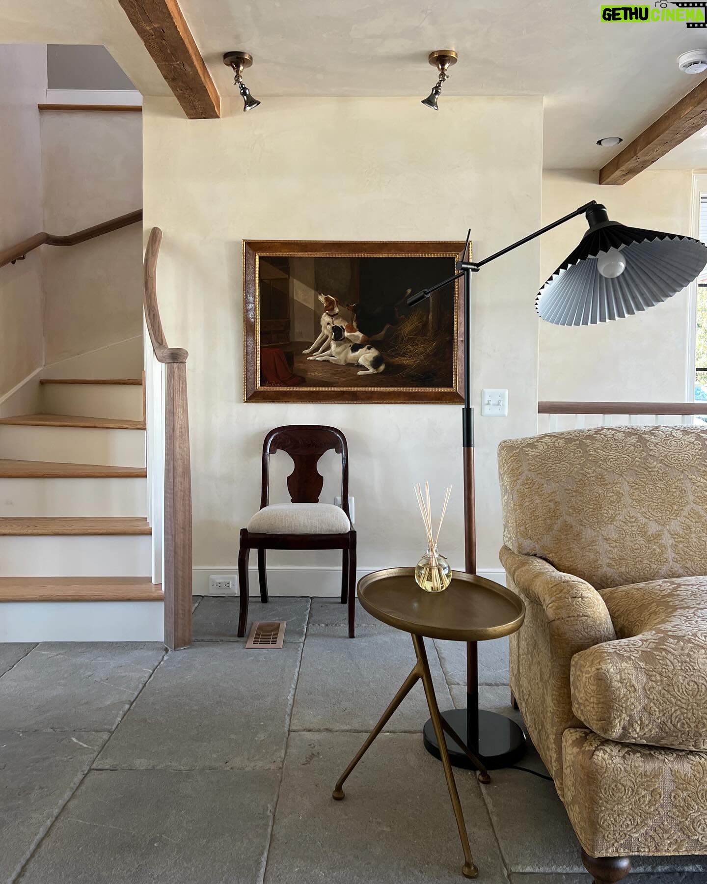 Lauren Liess Instagram - New stairs who dis 🤎 {swipe for before} Our clients wanted to make their outdated family room-kitchen addition feel as timeless and true as the rest of their historical home to get it truly functional for their horse-loving family. A soft palette of bluestone floors, creamy plaster walls, antique beams, and grays & camel tones along with time-tested furnishings and architectural details (I have had a similar inspiration stair railing pinned for so many years and was so excited to finally get to use that baby!!) completely transformed the space. We’re so thankful to our clients for their trust and to the amazing team we got to work with! 🤎🐴 Interior Design by @laurenliessandco Architecture by @sutphin_architecture Renovation by @casecohomes Sofa is the “Libris” in the softest camel damask from my collection with @taylorkingfurniture