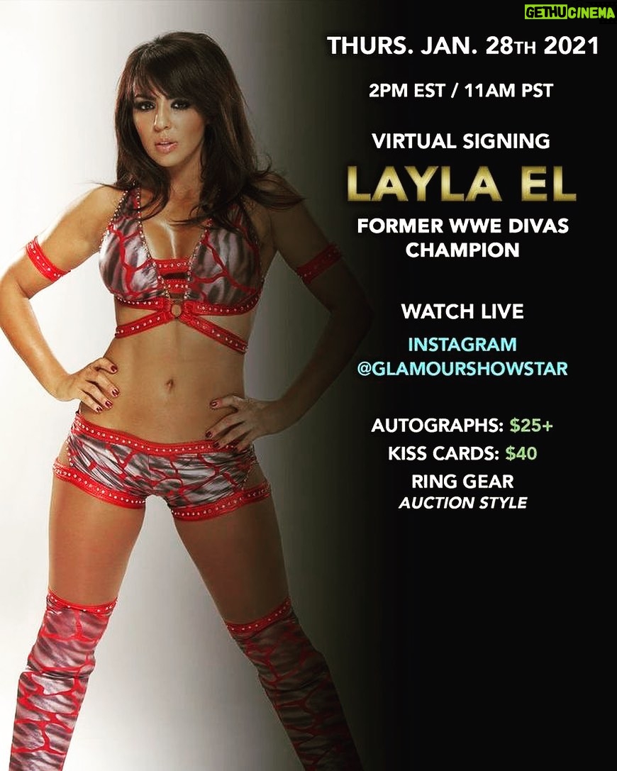Layla El Instagram - This virtual appearance will now air live from instagram @glamourshowstar Please join Me for a virtual appearance this Thursday 28th of January at 2PM EST/ 11AM PST with @glamourshowstar I will be auctioning my in ring worn gear hopefully see you there 💕
