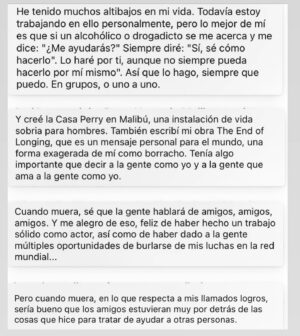 Leticia Dolera Instagram - Mathew Perry habló públicamente del infierno y dolor de su adicción. Una persona adicta no lo es por elección, está enferma y está sufriendo.
Si tenéis algún amigo o amiga adicta cerca, ojalá no les juzguéis y les hagáis saber que estáis ahí para acompañarles en la medida de lo posible en su escalada para salir del pozo. Uno del que no es nada fácil salir. 💔 
Las risas que nos hizo vivir Mather Perry en Friends a la gente de mi generación son eternas. ❤️