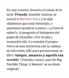 Leticia Dolera Instagram - Mathew Perry habló públicamente del infierno y dolor de su adicción. Una persona adicta no lo es por elección, está enferma y está sufriendo. Si tenéis algún amigo o amiga adicta cerca, ojalá no les juzguéis y les hagáis saber que estáis ahí para acompañarles en la medida de lo posible en su escalada para salir del pozo. Uno del que no es nada fácil salir. 💔 Las risas que nos hizo vivir Mather Perry en Friends a la gente de mi generación son eternas. ❤️