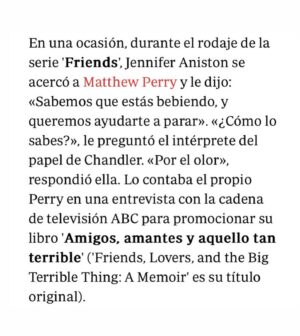 Leticia Dolera Instagram - Mathew Perry habló públicamente del infierno y dolor de su adicción. Una persona adicta no lo es por elección, está enferma y está sufriendo.
Si tenéis algún amigo o amiga adicta cerca, ojalá no les juzguéis y les hagáis saber que estáis ahí para acompañarles en la medida de lo posible en su escalada para salir del pozo. Uno del que no es nada fácil salir. 💔 
Las risas que nos hizo vivir Mather Perry en Friends a la gente de mi generación son eternas. ❤️