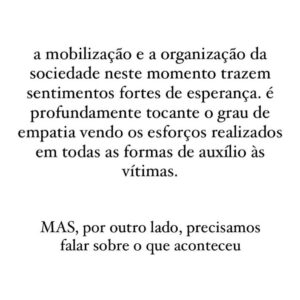 Letrux Instagram - texto por @fredoderich 

🔑 enchentes@vakinha.com.br - @badincolono 

🔑 09352141000148 - Instituto Brasileiro de Solidariedade

🔑 doacoes@cufa.org.br - Central Única de Favelas

🔑 deisefalci@gmail.com - Resgate de Animais

Compartilhe. Toda ajuda é bem vinda!