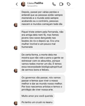 Letrux Instagram - amada liana: você viveu o seu melhor e deu ao mundo o seu melhor. que a passagem seja feita cheia de luz, amor e som. obrigada por tanto. obrigada por você ser você. fico daqui te ouvindo, dançando, aplaudindo, e aprendendo. muito amor pra você, querida. mil vezes obrigada. por TANTO! ❤️‍🩹✨