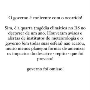 Letrux Instagram - texto por @fredoderich 

🔑 enchentes@vakinha.com.br - @badincolono 

🔑 09352141000148 - Instituto Brasileiro de Solidariedade

🔑 doacoes@cufa.org.br - Central Única de Favelas

🔑 deisefalci@gmail.com - Resgate de Animais

Compartilhe. Toda ajuda é bem vinda!