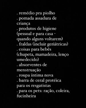Letrux Instagram - Continuem doando água também, claro, mas quem puder fazer doações mais específicas, estão precisando. Toda a rede de agências dos Correios nas regiões nordeste, sudeste e sul, está recebendo doações. Bora lá ❤️‍🩹

@amrigsoficial está recebendo doações de insumos médicos e medicamentos. 

é isso, força pra geral ⚡️