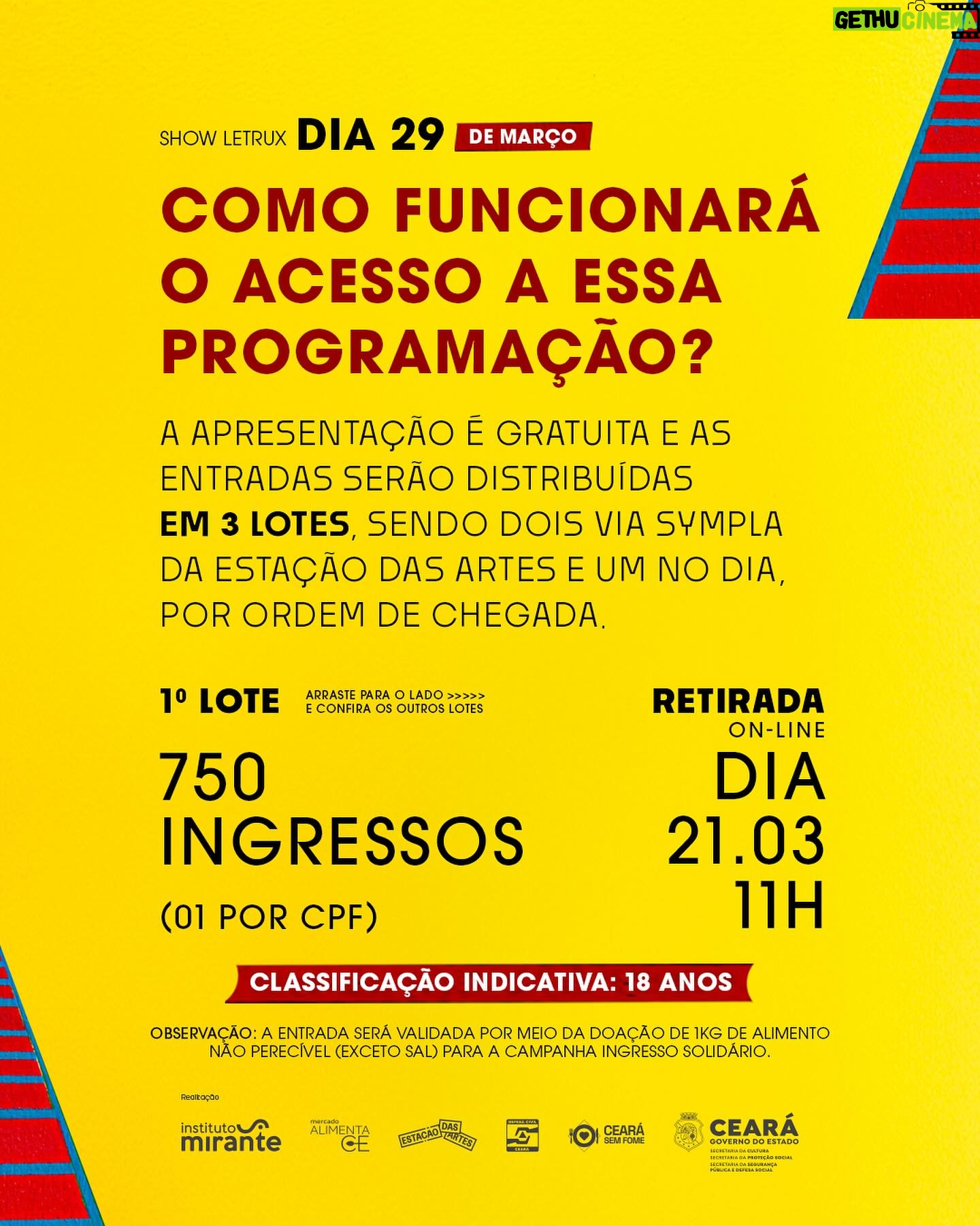 Letrux Instagram - A carioca @leticialetrux estreia na Gare na sexta, 29, com o show “Letrux como Mulher Girafa”. Atenção! O acesso será por meio da campanha Ingresso Solidário. Serão distribuídos 1.500 ingressos gratuitos pela plataforma Sympla e outras 500 pessoas poderão entrar no dia por ordem de chegada. Para validar sua entrada, não esqueça de trazer 1 kg de alimento não perecível (exceto sal). As doações serão feitas para o programa do @governodoceara "Ceará Sem Fome", que leva comida à mesa de cearenses em situação de extrema pobreza. Os ingressos antecipados serão disponibilizados em dois lotes de 750 unidades: o primeiro, no dia 21.03 (quinta-feira), a partir das 11h; e o segundo, no dia 26.03 (terça-feira), também a partir das 11h. Somente 01 por CPF. Quando estiver liberado, eu publico o link nos stories, tá? Fique de olho que, aos poucos, vou soltar a programação completa por aqui. Há dois anos a gente combina 🤍 #pratodomundover Descrição em texto alternativo. 〰 A Estação das Artes é um equipamento da Secretaria da Cultura do Estado do Ceará, gerido em parceria com o Instituto Mirante. #EstacaodasArtes #SecultCE #GovernodoCeará #InstitutoMirante #agentecombina