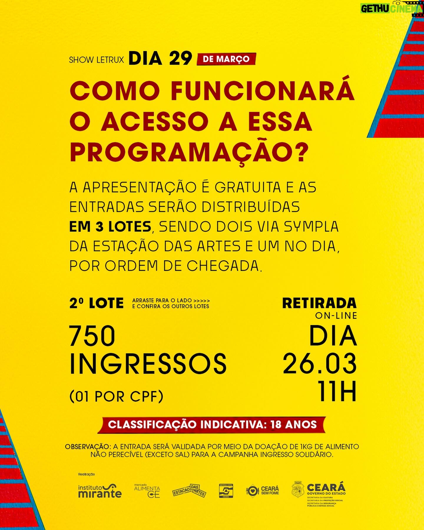 Letrux Instagram - A carioca @leticialetrux estreia na Gare na sexta, 29, com o show “Letrux como Mulher Girafa”. Atenção! O acesso será por meio da campanha Ingresso Solidário. Serão distribuídos 1.500 ingressos gratuitos pela plataforma Sympla e outras 500 pessoas poderão entrar no dia por ordem de chegada. Para validar sua entrada, não esqueça de trazer 1 kg de alimento não perecível (exceto sal). As doações serão feitas para o programa do @governodoceara "Ceará Sem Fome", que leva comida à mesa de cearenses em situação de extrema pobreza. Os ingressos antecipados serão disponibilizados em dois lotes de 750 unidades: o primeiro, no dia 21.03 (quinta-feira), a partir das 11h; e o segundo, no dia 26.03 (terça-feira), também a partir das 11h. Somente 01 por CPF. Quando estiver liberado, eu publico o link nos stories, tá? Fique de olho que, aos poucos, vou soltar a programação completa por aqui. Há dois anos a gente combina 🤍 #pratodomundover Descrição em texto alternativo. 〰 A Estação das Artes é um equipamento da Secretaria da Cultura do Estado do Ceará, gerido em parceria com o Instituto Mirante. #EstacaodasArtes #SecultCE #GovernodoCeará #InstitutoMirante #agentecombina