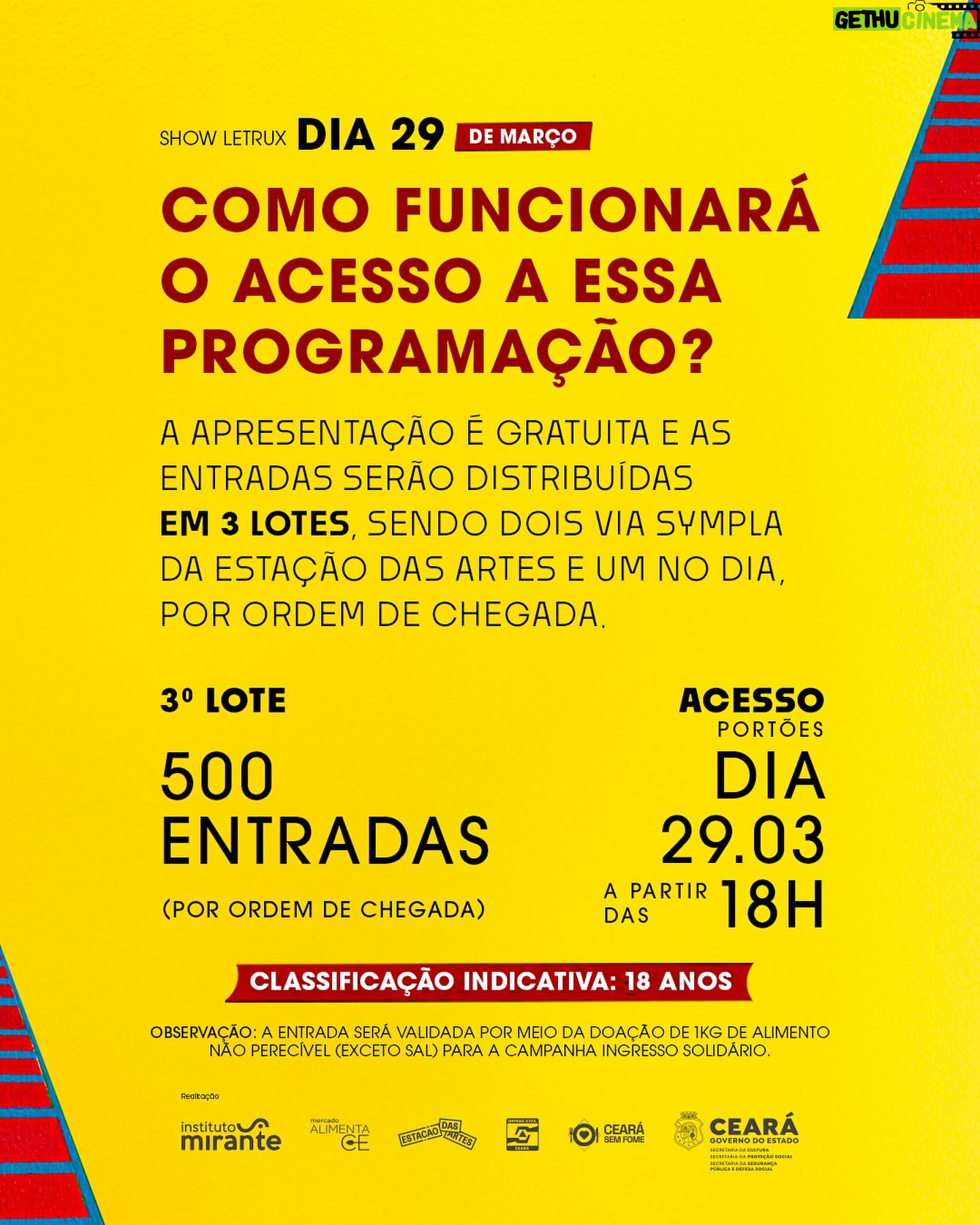 Letrux Instagram - A carioca @leticialetrux estreia na Gare na sexta, 29, com o show “Letrux como Mulher Girafa”. Atenção! O acesso será por meio da campanha Ingresso Solidário. Serão distribuídos 1.500 ingressos gratuitos pela plataforma Sympla e outras 500 pessoas poderão entrar no dia por ordem de chegada. Para validar sua entrada, não esqueça de trazer 1 kg de alimento não perecível (exceto sal). As doações serão feitas para o programa do @governodoceara "Ceará Sem Fome", que leva comida à mesa de cearenses em situação de extrema pobreza. Os ingressos antecipados serão disponibilizados em dois lotes de 750 unidades: o primeiro, no dia 21.03 (quinta-feira), a partir das 11h; e o segundo, no dia 26.03 (terça-feira), também a partir das 11h. Somente 01 por CPF. Quando estiver liberado, eu publico o link nos stories, tá? Fique de olho que, aos poucos, vou soltar a programação completa por aqui. Há dois anos a gente combina 🤍 #pratodomundover Descrição em texto alternativo. 〰 A Estação das Artes é um equipamento da Secretaria da Cultura do Estado do Ceará, gerido em parceria com o Instituto Mirante. #EstacaodasArtes #SecultCE #GovernodoCeará #InstitutoMirante #agentecombina