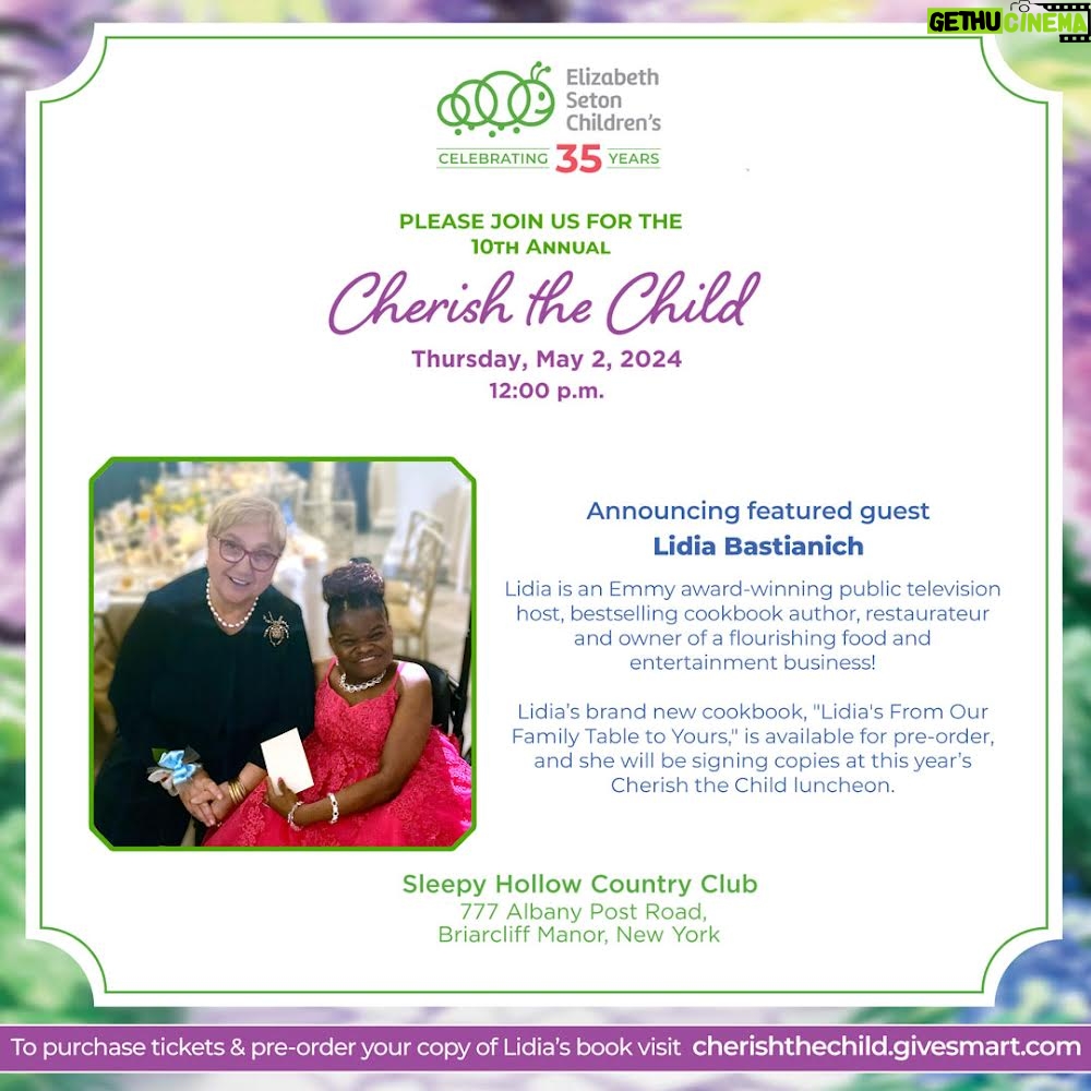 Lidia Bastianich Instagram - Tickets still available! Support Elizabeth Seton Children’s work with children and young adults with medical complexity. Very much looking forward to my appearance at this year's Elizabeth Seton Children's Cherish the Child luncheon! My new cookbook, "Lidia’s From Our Family Table to Yours," is available to order, and I’ll be signing copies at the luncheon. The spring fundraiser is less than a month and the link to purchase tickets is in my bio - hope to see you there! @setonschildren #CherishTheChild2024 #WheresLidia #LidiasItaly #LidiasKitchen