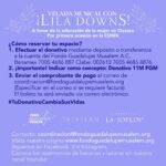 Lila Downs Instagram - #VeladaMusical 2024   Desde el Fondo Guadalupe Musalem estamos emocionadas de invitarte a la Velada musical con Lila Downs que por primera vez se llevará a cabo en #CDMX.   💫Te invitamos a unirte con la causa que nos motiva:  la educación de las jóvenes indígenas, afromexicanas y de zonas rurales en Oaxaca.  Con tu asistencia contribuyes a que estas chicas realicen sus estudios de bachillerato y universidad, creando un cambio en sus vidas y un impacto permanente en sus comunidades.   👉🏾¿Dónde será el concierto?   Sábado 11 de mayo a las 19 horas en Casa Pedregal Av. De las Fuentes 180, Jardines del Pedregal, Álvaro Obregón, Ciudad de México Donativo mínimo: $4,000.00 (Deducible de impuestos)   Algunas cortesías que incluye el boleto: ⭐Foto con Lila Downs 🍷Copa de bienvenida por parte de nuestros queridos anfitriones de Tetetlán  ⚡Copita de mezcal y cupón de descuento para Los Danzantes Coyoacán     ¿Cómo ser parte de esta velada?   Paso1: Efectuar el donativo mediante depósito o transferencia a la cuenta del Fondo Guadalupe Musalem A.C.  Banamex 7005 4686 887 Clabe 002610 7005 4686 8876 ¡Importante! Indicar como concepto: Donativo 11M FGM   Paso2: Enviar nombre de la reservación y comprobante de pago al correo: coordinacion@fondoguadalupemusalem.org (Para la generación de CFDI deducible de impuestos es importante que el donativo se realice por transferencia bancaria. Especificar en el correo si se requiere factura y adjuntar Constancia de situación fiscal).   Paso3: El boleto te será enviado vía correo electrónico.   ¡Gracias por decir sí a la educación de las mujeres! ¡Tu donativo cambia su vida!